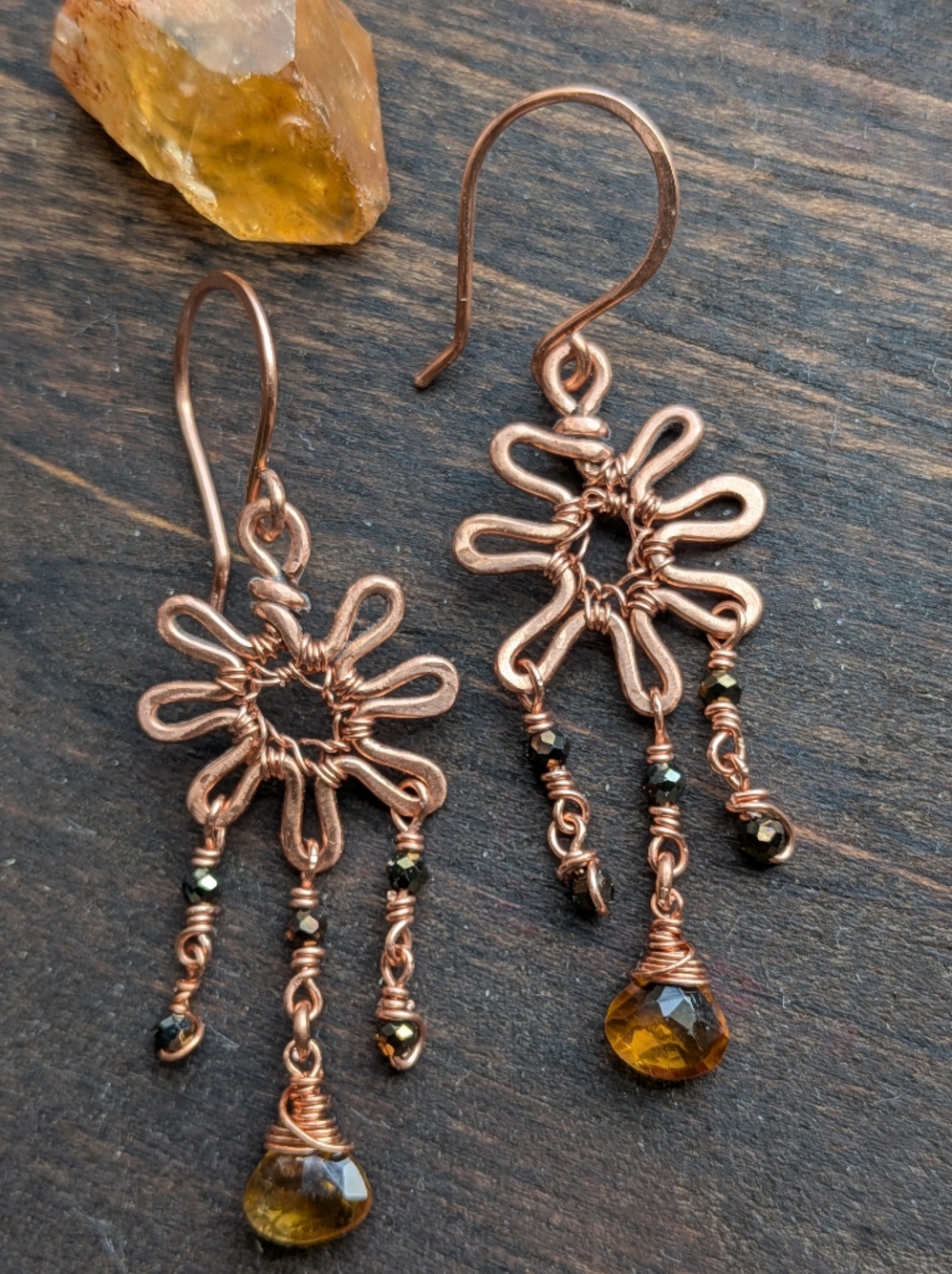 Copper Sunburst Earrings-Cognac Citrine Gems- Artisan Crafted Design-Summer Vibe